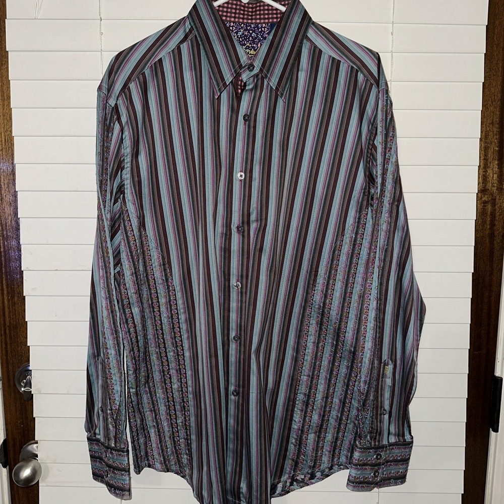 Robert Graham Shirt Mens XL Striped Paisley Button Long Sleeve Flip Cuff